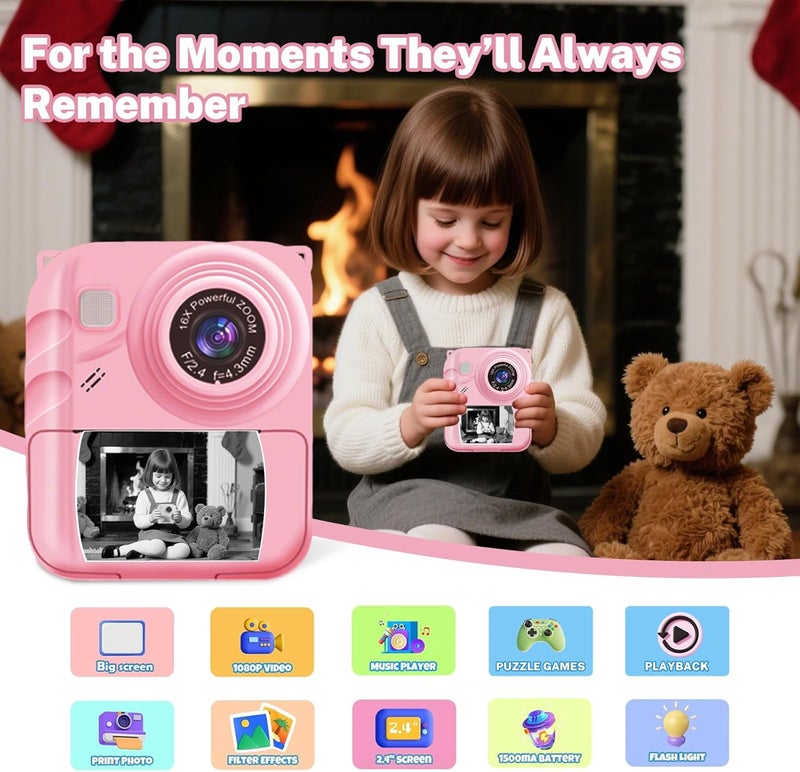 QDH Instant Print Camera for Kids, 1080P Video Camera with 3 Print Rolls, 32GB Card & Cute Cover, Gift for Girls Boys Age 3-12, Toddler Digital Camera with Games, Filters, Music – Pink - Image 2